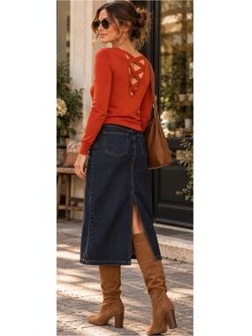 LOVE ELLIE Stitch Fix V Neck Light Sweater Crisscross Autumn Rust Womens Size XS